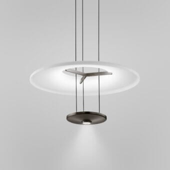 Distinguished Vistosi Dione suspension lamp with overlapping glass discs and a satin dark gray metal core
