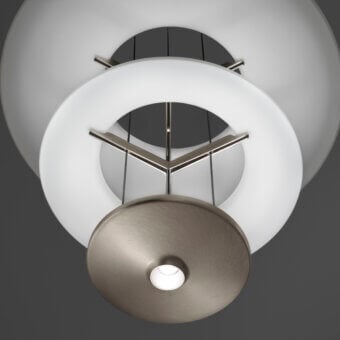 Superior Vistosi Dione suspension lamp with dual glass diffusers and brushed metal in white and silver