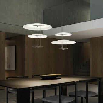 Superior Vistosi Dione suspension lamp in white with dual LED sources and smooth matte glass diffusers