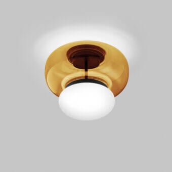 Distinguished Vistosi Faro ceiling lamp with hand-blown glass and glossy golden-yellow metal finish