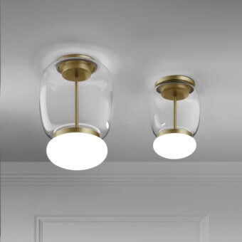 Distinguished Vistosi Faro ceiling lamp handcrafted in Italy with transparent colored glass and satin brass-colored metal stem