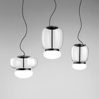 Exceptional Vistosi Faro suspension lamp crafted in clear hand-blown glass with a glossy white diffuser and matte black metal fixture