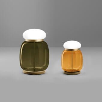 Superior Vistosi Faro table lamp with olive green glass and a polished golden-toned metal ring and base