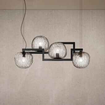 Captivating Vistosi Globose suspension lamp crafted in matte black metal with textured light grey glass diffusers
