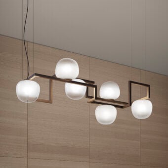 Superior Vistosi Globose suspension lamp crafted in dark metal with opaque white glass diffusers and balanced globes