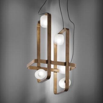 Elegant Vistosi Groove suspension lamp with geometric rectangular metal frames and satin white glass shades in a warm gold finish