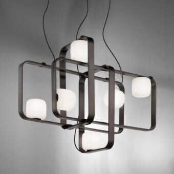 Exceptional Vistosi Groove suspension lamp with a rectangular anthracite metal frame and softly glowing spherical glass shades crafted in Italy