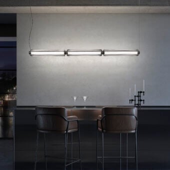 Superior Vistosi Jeff Suspension Lamp crafted in Italy with elongated crystal elements and dark matte end caps