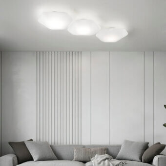 Superior Vistosi Modulor ceiling lamp in beveled glass with a soft white matte finish diffusing balanced radiance