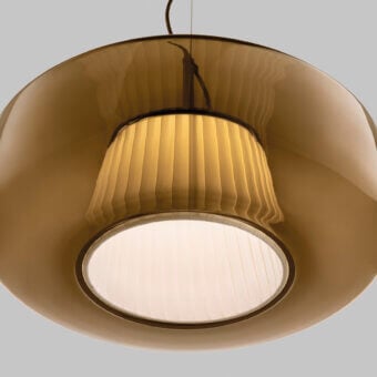 Exceptional Vistosi Plissé suspension lamp with glossy amber blown glass and pleated off-white fabric shade crafted with refined metal finishes