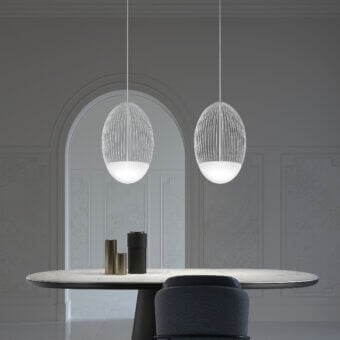 Elegant Vistosi Riketta suspension lamp in light gray satin metal with a white opaline glass diffuser and welded cage structure