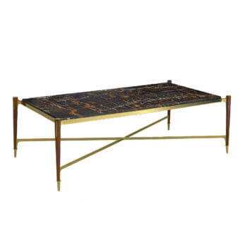 Lavish Zanaboni T156/R coffee table with black marble top, golden veining and brilliant gold-finish brass base built with solid rosewood legs