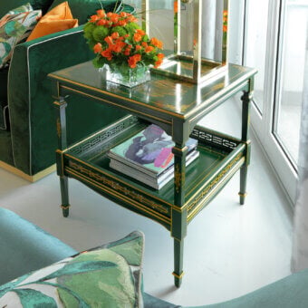 Exquisite Zanaboni T165/S side table with wooden structure and deep emerald green hand-painted golden landscapes and floral motifs