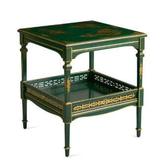 Superior Zanaboni T165/S side table with wooden structure, emerald green finish and hand-painted golden landscapes with floral motifs