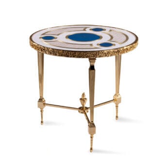 Distinguished Zanaboni T195/S side table with brass structure and luminous mother-of-pearl tabletop with intricate brass inlay and glossy gold finish