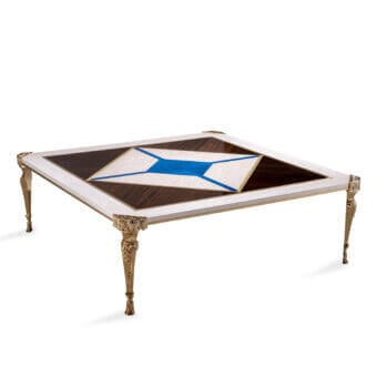 Lavish Zanaboni T198/C coffee table with mother-of-pearl top and brass inlay in warm brown, cream and cool blue tones with glossy finish