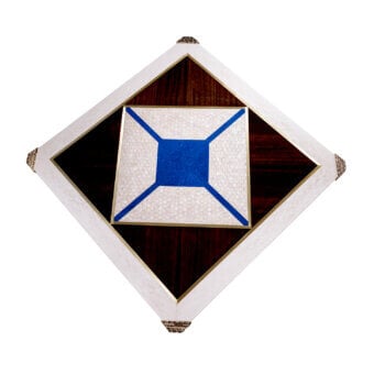 Exceptional Zanaboni T198/C coffee table crafted with mother-of-pearl top and brass frame in geometric royal blue and creamy white hues with glossy and satin finish