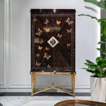 Lavish Zanaboni W064 cupboard built with palm wood, precious wood inlays and gilded brass details in a glossy dark brown finish
