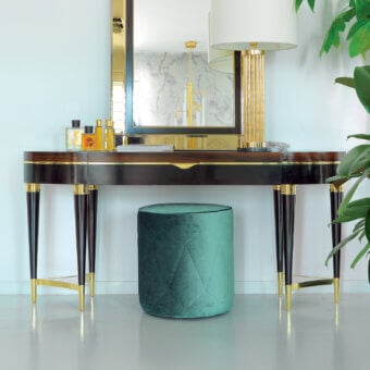 Superior Zanaboni A/300-DR vanity crafted with ebony, ziricote, brass and marble exhibiting a glossy finish
