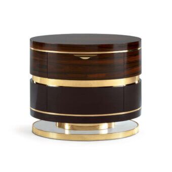 Distinguished Zanaboni A/300-NT nightstand crafted in ebony and ziricote woods with sculptural brass detailing and glossy finish