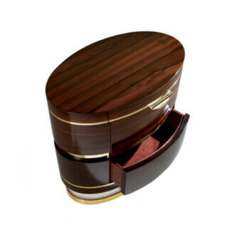 Exceptional Zanaboni A/300-NT nightstand built in ebony and ziricote wood with sculptural brass detailing and glossy finish