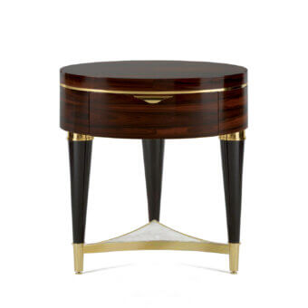 Exceptional Zanaboni A/302-NT nightstand crafted in ebony and ziricote woods with polished brass accents and a precious marble insert with glossy finish
