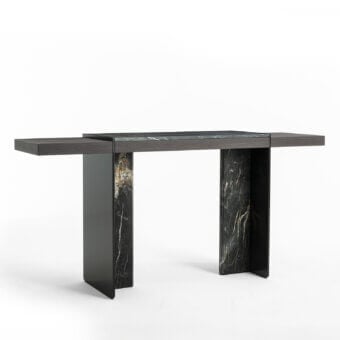 Distinguished Zanaboni Adam console crafted in muted gray-brown wood with satin finish and dark marble panels veined in gold and green