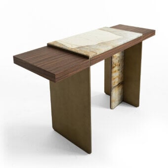 Distinguished Zanaboni Adam console built in dark brown wood with creamy white stone and matte golden metal base