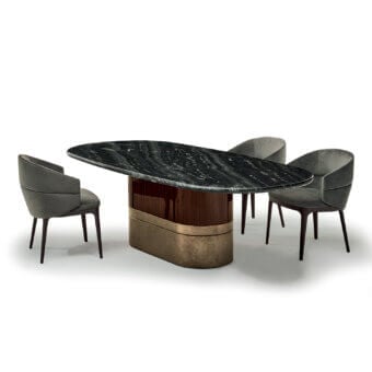 Distinguished Zanaboni Alma Decor table built in silver Paradiso marble with a glossy striped rosewood pedestal and antique bronze grainy finish metal base