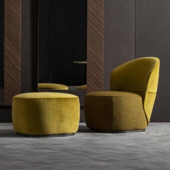 Superior Zanaboni Alma lounge chair and pouf in golden yellow velvet or chenille with gray-stained ash wood base