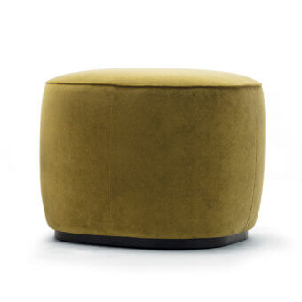 Lavish Zanaboni Alma ottoman with plush olive green velvet upholstery and grey-stained ash wood base