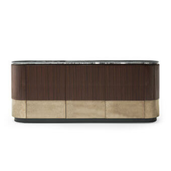 Lavish Zanaboni Alma Decor sideboard crafted with glossy striped rosewood, marble and antique bronze metal with a grainy finish