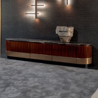 Elegant Zanaboni Alma Decor TV stand crafted with glossy striped rosewood, antique bronze finish and a marble top