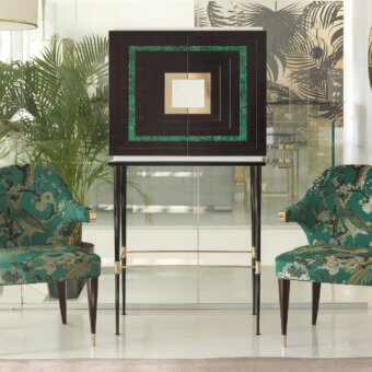 Exceptional Zanaboni B/5080 bar cabinet crafted with dark ebony wood, vibrant malachite stone inlay and polished brass accents