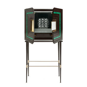 Distinguished Zanaboni B/5080 bar cabinet crafted in dark ebony wood with glossy finish, malachite stone inlay and frosted glass carvings