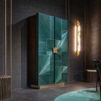 Distinguished Zanaboni B/5380 cupboard crafted with polished eucalyptus wood and petrol straw finish, accented by teal veneer and brass inlays