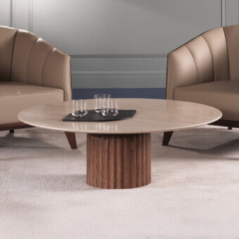 Sophisticated Zanaboni Babylon coffee table with a circular marble top and satin ash wood base in bronzed metal