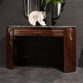 Distinguished Zanaboni Bea dresser crafted with striped glossy rosewood and a magnificent marble top in cool gray tones