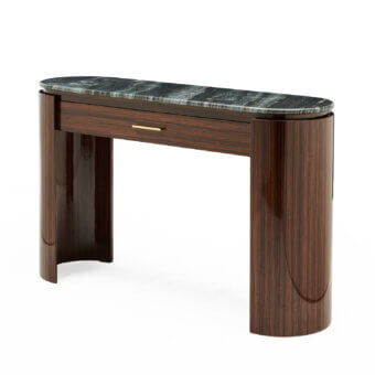 Distinctive Zanaboni Bea dresser crafted with striped glossy rosewood, dark green marble, and a lacquered base