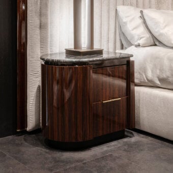 Stunning Zanaboni Bea nightstand crafted with striped glossy rosewood and a cool contrasting marble top with a black lacquered base