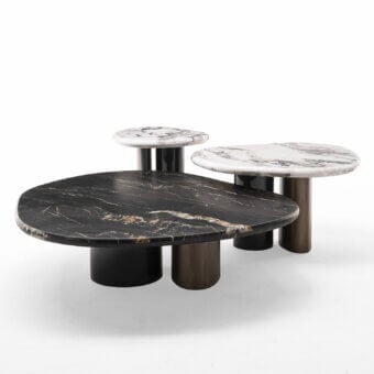 Superior Zanaboni Cloud coffee table with precious marble displaying black, gold, and white veining in brushed black metal and cloudy silver