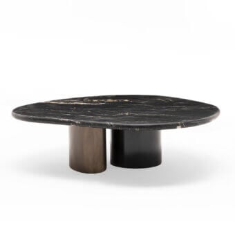 Exclusive Zanaboni Cloud coffee table with dark marble displaying white and gold veining in brushed metal and cloudy silver finish
