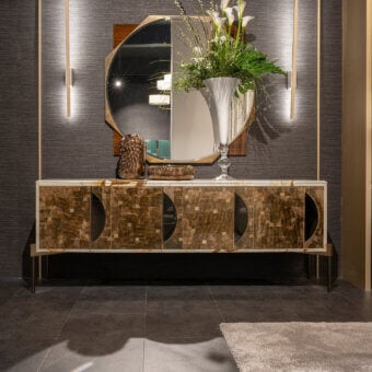 Exceptional Zanaboni East Ovest sideboard crafted with eucalyptus wood and glossy white lacquered parts with bronzed glass and gold metal accents