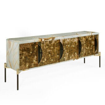 Distinguished Zanaboni East Ovest sideboard built with glossy white lacquer, eucalyptus wood, and bronzed glass accents with gold details