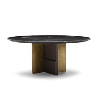 Exceptional Zanaboni Kalos table crafted with dark veined marble and a sculptural dark wood with golden metal base