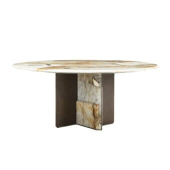 Distinguished Zanaboni Kalos table with a broadly oval tabletop exhibiting golden-yellow and creamy-white veining in polished marble and dark wood