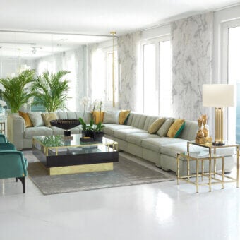 Distinguished Zanaboni Magritte sectional with muted grey velvet upholstery and gold-finish metal feet crafted in Italy