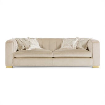Exceptional Zanaboni Magritte sofa with enveloping silhouette in plush neutral beige velvet and gold-finish metal feet