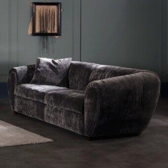 Exceptional Zanaboni Oberdan sofa with a rounded silhouette and beautifully textured matte crushed velvet upholstery in dark gray