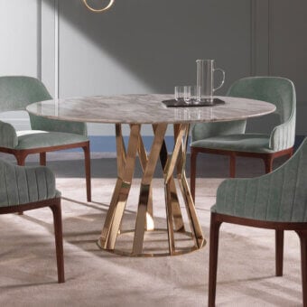 Architectural Zanaboni Ray round table with a circular marble top and bronzed metal articulated base crafted in modern Italian design